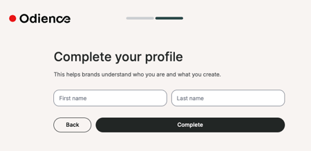 Odience onboarding step prompting users to complete their profile with basic personal details.