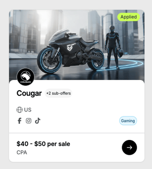 Odience offer card showing an applied offer with CPA payout detail, country targeting, supported social platforms, and sub-offer tag