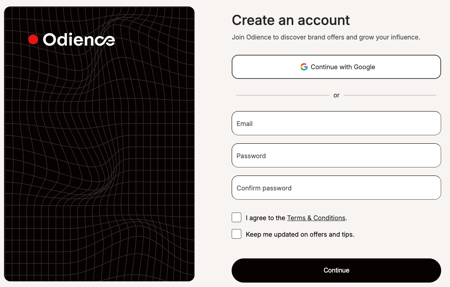Odience account creation page showing sign-up options with Google account or email and password fields.
