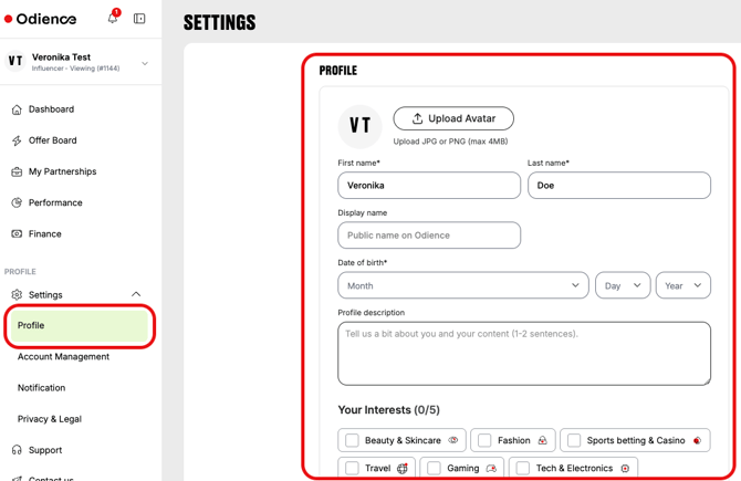 Odience settings page showing the profile section with avatar upload, personal details, and interest selection.