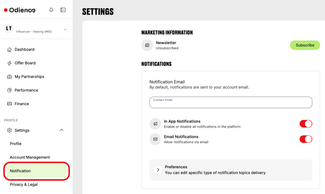 Odience settings page showing notification preferences, email settings, and newsletter subscription options.