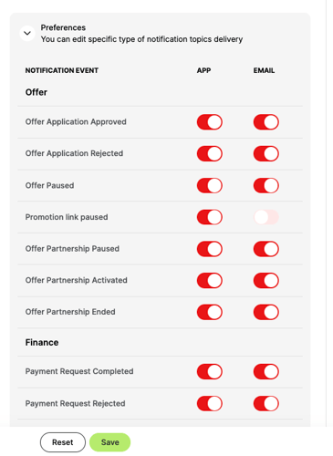 Notification preferences panel with app and email toggles for offer and finance events, and save and reset buttons.