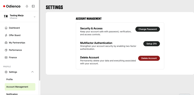Odience account management settings showing security options, two-factor authentication setup, and account deletion buttons
