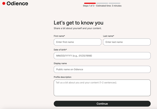 Odience sign-up form screen with fields for personal details including first name, last name, date of birth, display name, and profile description.