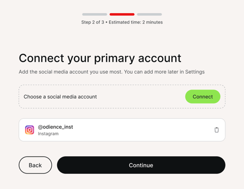 Odience screen to add a primary social media account