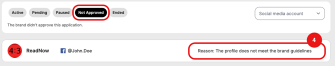 Odience My Partnerships page showing a not approved offer with the rejection reason displayed.