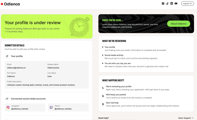 Odience profile dashboard showing a “Your profile is under review” status with submitted details, connected social media accounts, and sections outlining the review process and next steps.