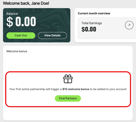 Odience dashboard showing $0 balance, and a $10 welcome bonus offer for the first active partnership.