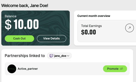 Odience dashboard showing $10 balance and a linked partnership ready to promote.