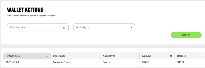 Odience wallet actions page showing filters and a $10 welcome bonus transaction.
