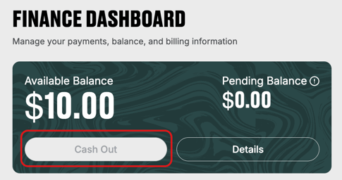 Odience finance dashboard showing $10 available balance, $0 pending balance, and a disabled Cash Out button.