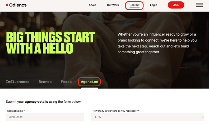 Odience contact page with agency submission form visible