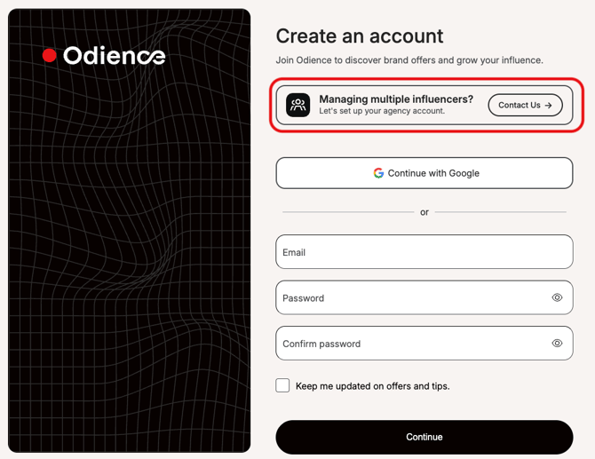 Odience account creation page with sign-up form and agency contact prompt