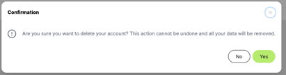 Odience account deletion confirmation dialog asking users to confirm or cancel the deletion action.