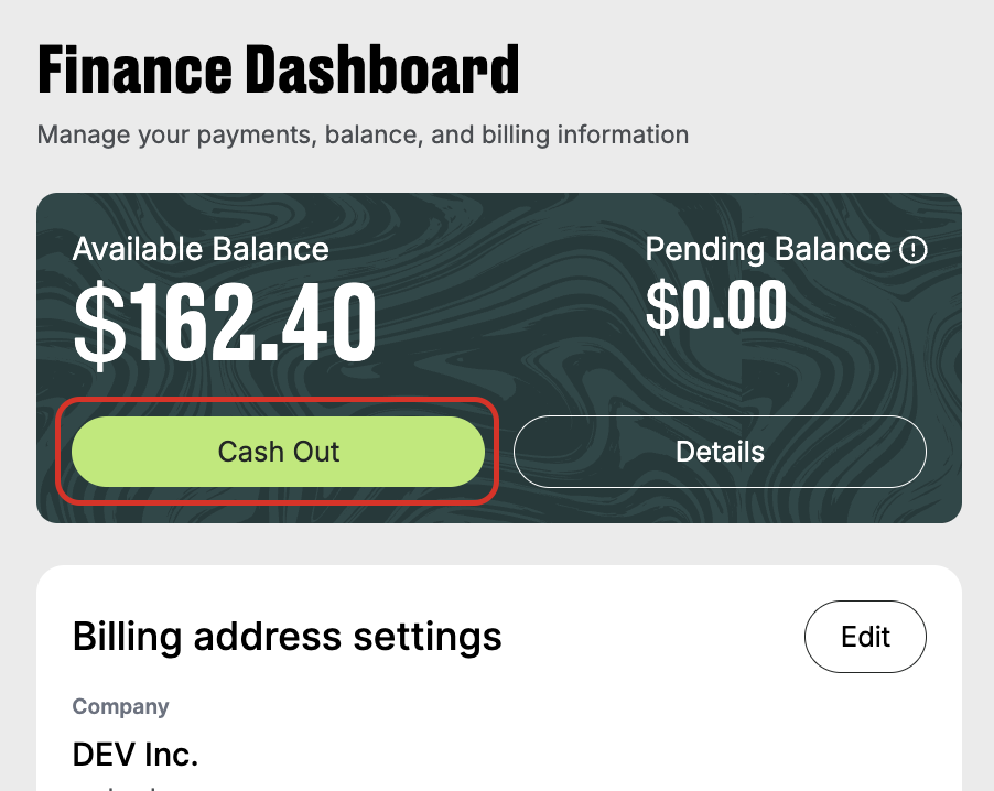 Odience finance dashboard showing available balance, pending balance, and cash out button