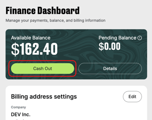 Odience finance dashboard showing available balance, pending balance, and cash out button
