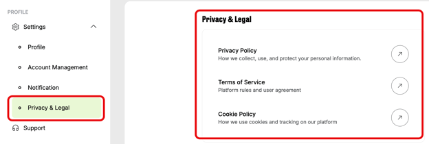Odience privacy and legal settings showing links to the privacy policy, terms of service, and cookie policy.