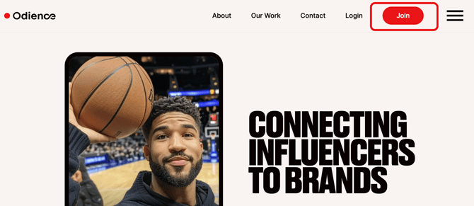 Odience homepage displaying a Join action button in the upper navigation.