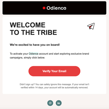 Odience welcome email prompting users to verify their email address and activate their account.